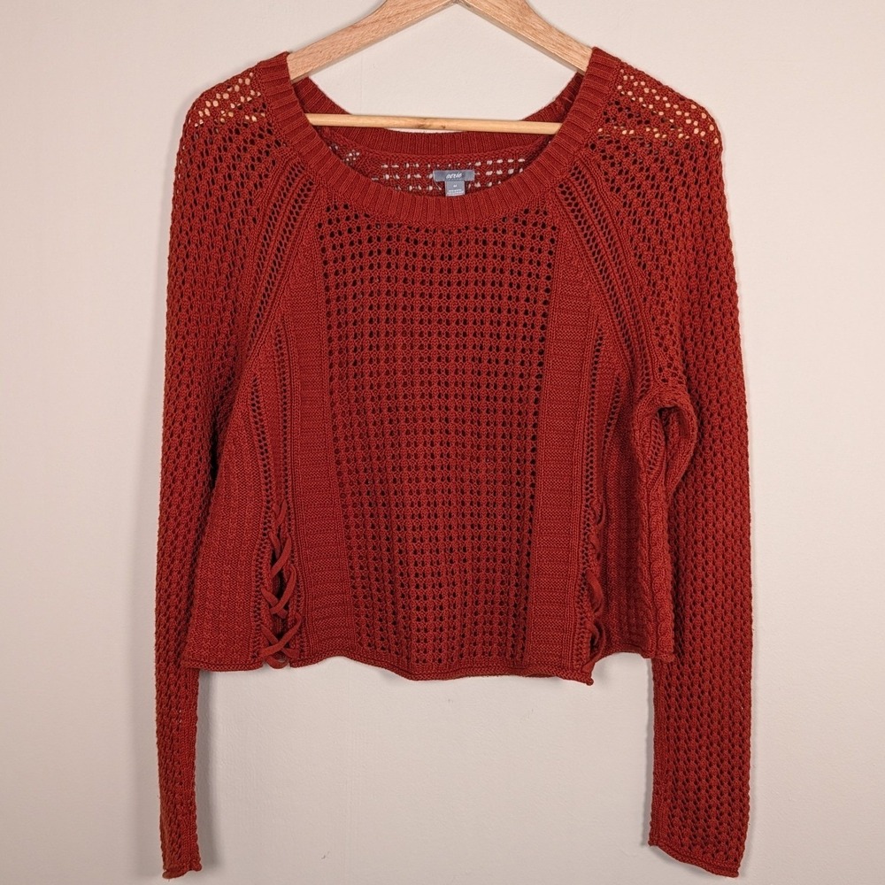 Aerie Rust Orange Open Knit Lace Up Side Cotton Sweater Medium Boho Pointelle